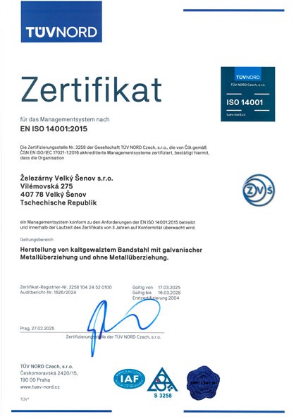 Certificates ŽELEZÁRNY Velký Šenov s.r.o.
