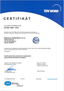 Certifikát ŽELEZÁRNY Velký Šenov s.r.o.