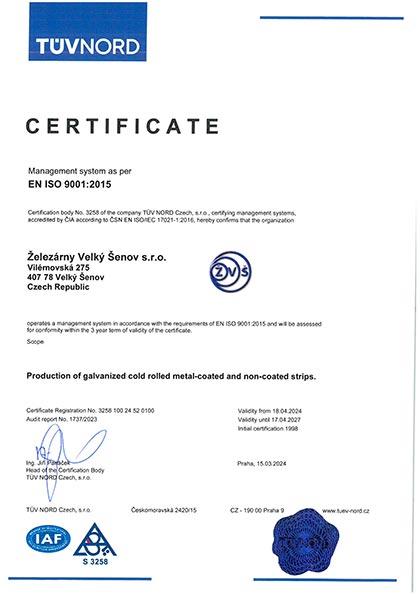 Certificates ŽELEZÁRNY Velký Šenov s.r.o.